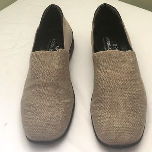 Donald J. Pliner tan with canvas like material on top and tan  suede on the side
